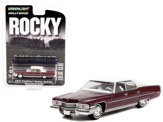 1973 Cadillac Sedan DeVille Burgundy with White Top "Rocky" (1976) Movie "Hollywood Series" Release 35 1/64 Diecast Model Car by Greenlight  free shipping USA