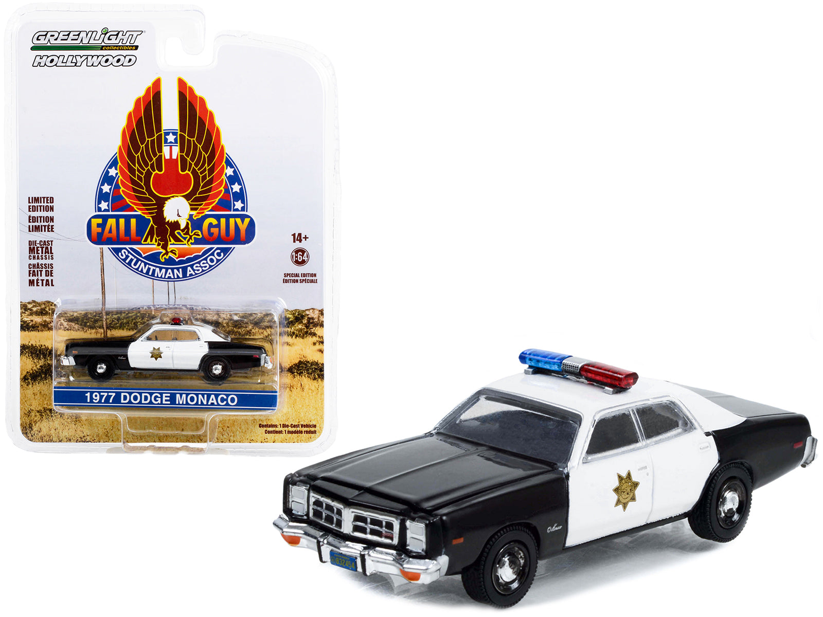 1977 Dodge Monaco Police Black and White "County Sheriff's Department" "Fall Guy Stuntman Association" Hollywood Special Edition 1/64 Diecast Model Car by Greenlight free shipping USA