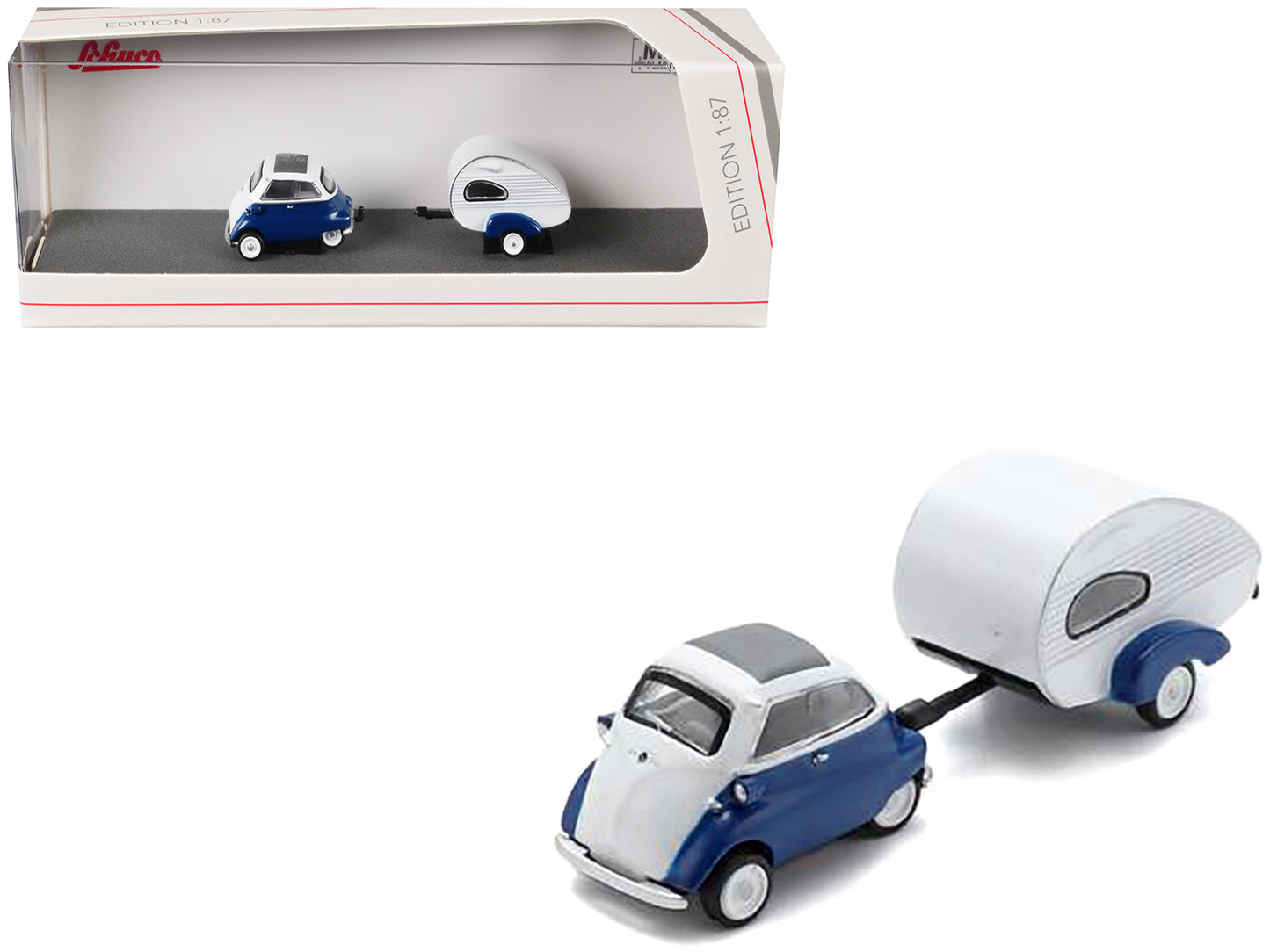 BMW Isetta Blue and White with Home Trailer 1/87 (HO) Diecast Model Car by Schuco