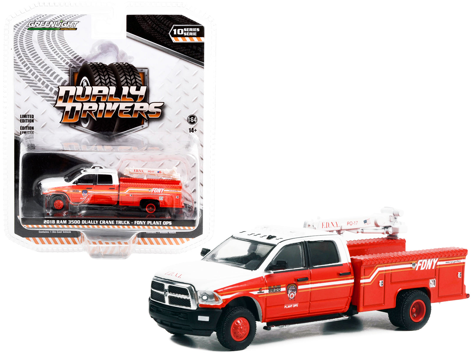 2018 Ram 3500 Dually Crane Truck Red and White with Stripes "FDNY (Fire Department of the City of New York) Plant Ops" "Dually Drivers" Series 10 1/64 Diecast Model Car by Greenlight free shipping USA