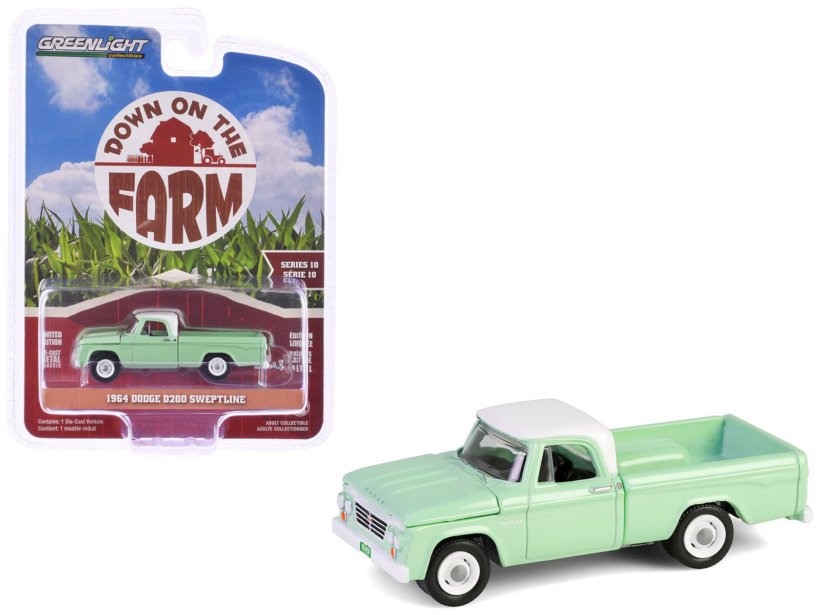 1964 Dodge D-200 Sweptline Pickup Truck Turf Green with White Top "Down on the Farm" Series 10 1/64 Diecast Model by Greenlight free shipping USA