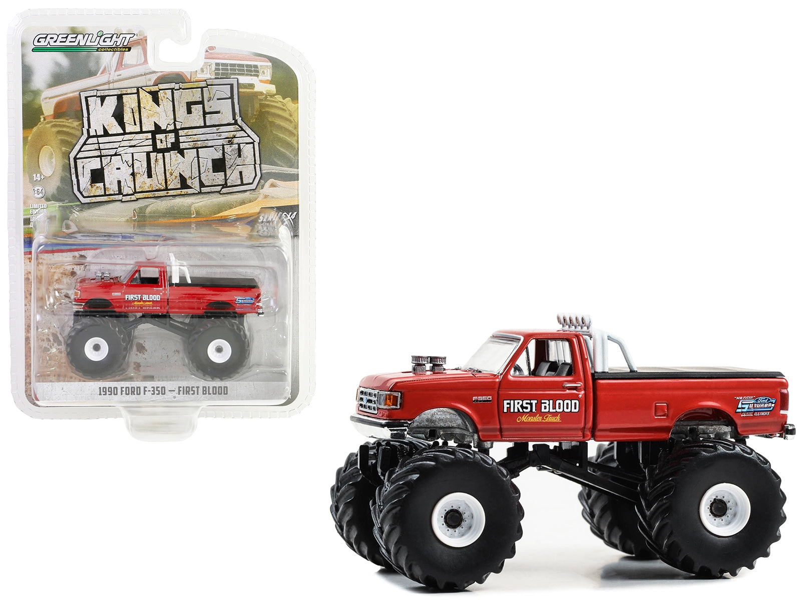 1990 Ford F-350 Monster Truck Red "First Blood" "Kings of Crunch" Series 14 1/64 Diecast Model Car by Greenlight - Premium Monster Trucks Models from Greenlight - Just $23.99! Shop now at Rapidvehicles