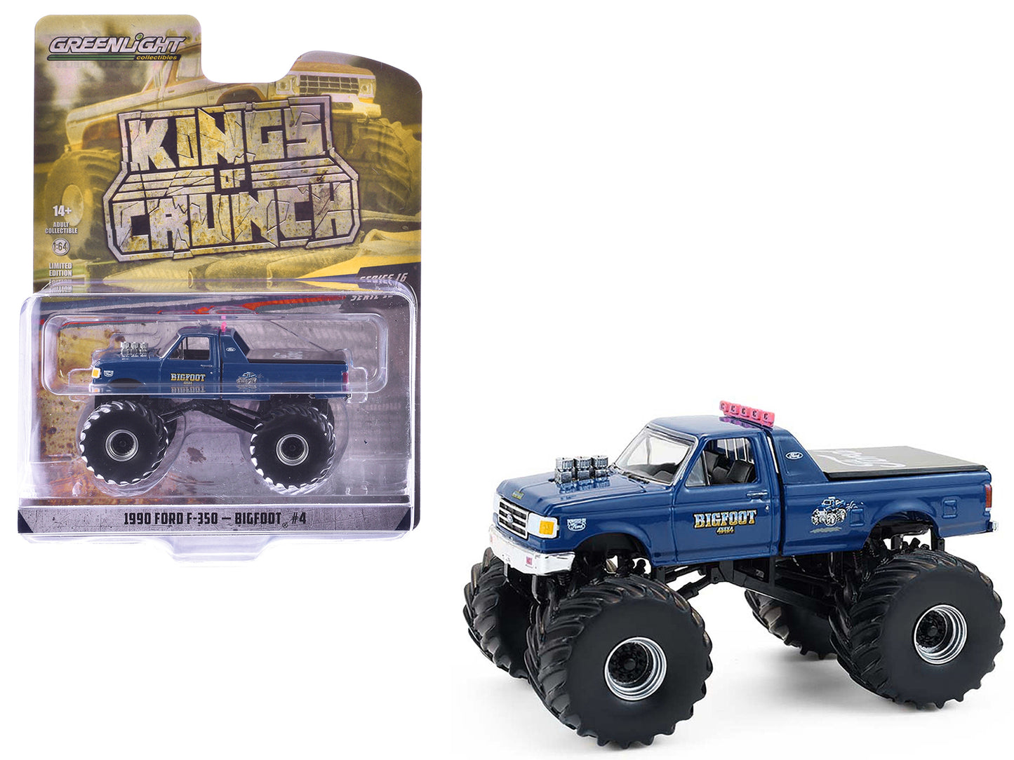 1990 Ford F-350 Monster Truck "Bigfoot #4" Blue "Kings of Crunch" Series 16 1/64 Diecast Model Car by Greenlight - Use code SHOPAPP15 to get 15 percent off