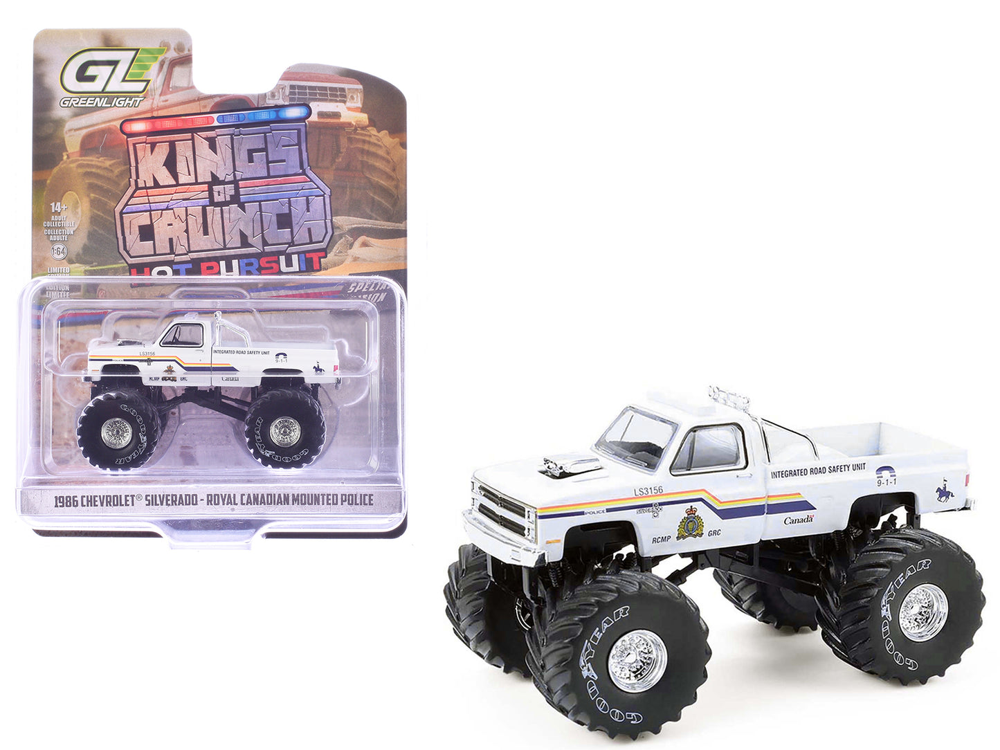 1986 Chevrolet Silverado Monster Truck "Royal Canadian Mounted Police" White with Stripes "Kings of Crunch - Hot Pursuit" Special Edition 1/64 Diecast Model Car by Greenlight - Use code SHOPAPP15 to get 15 percent off
