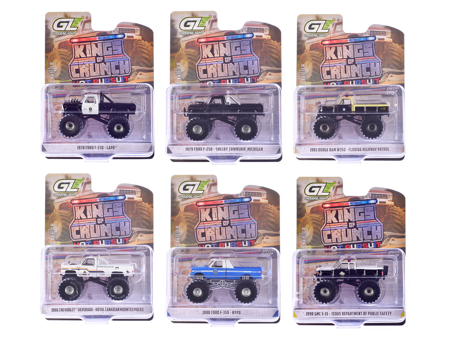 "Kings of Crunch - Hot Pursuit" Special Edition Set of 6 Monster Trucks 1/64 Diecast Model Cars by Greenlight - Use code SHOPAPP15 to get 15 percent off