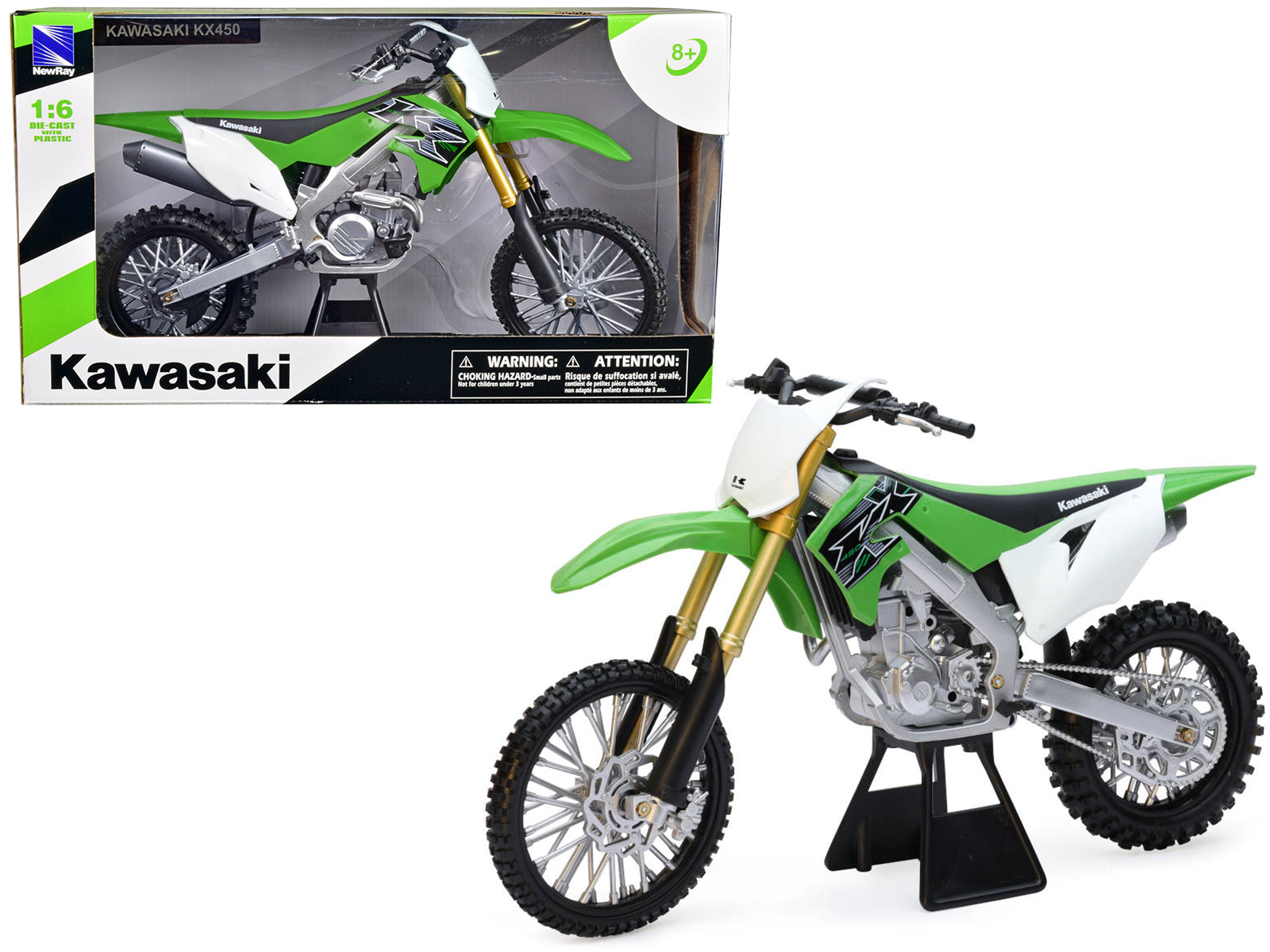 2019 Kawasaki KX 450F Dirt Bike Motorcycle Green and White 1/6 Diecast Model by New Ray free shipping USA