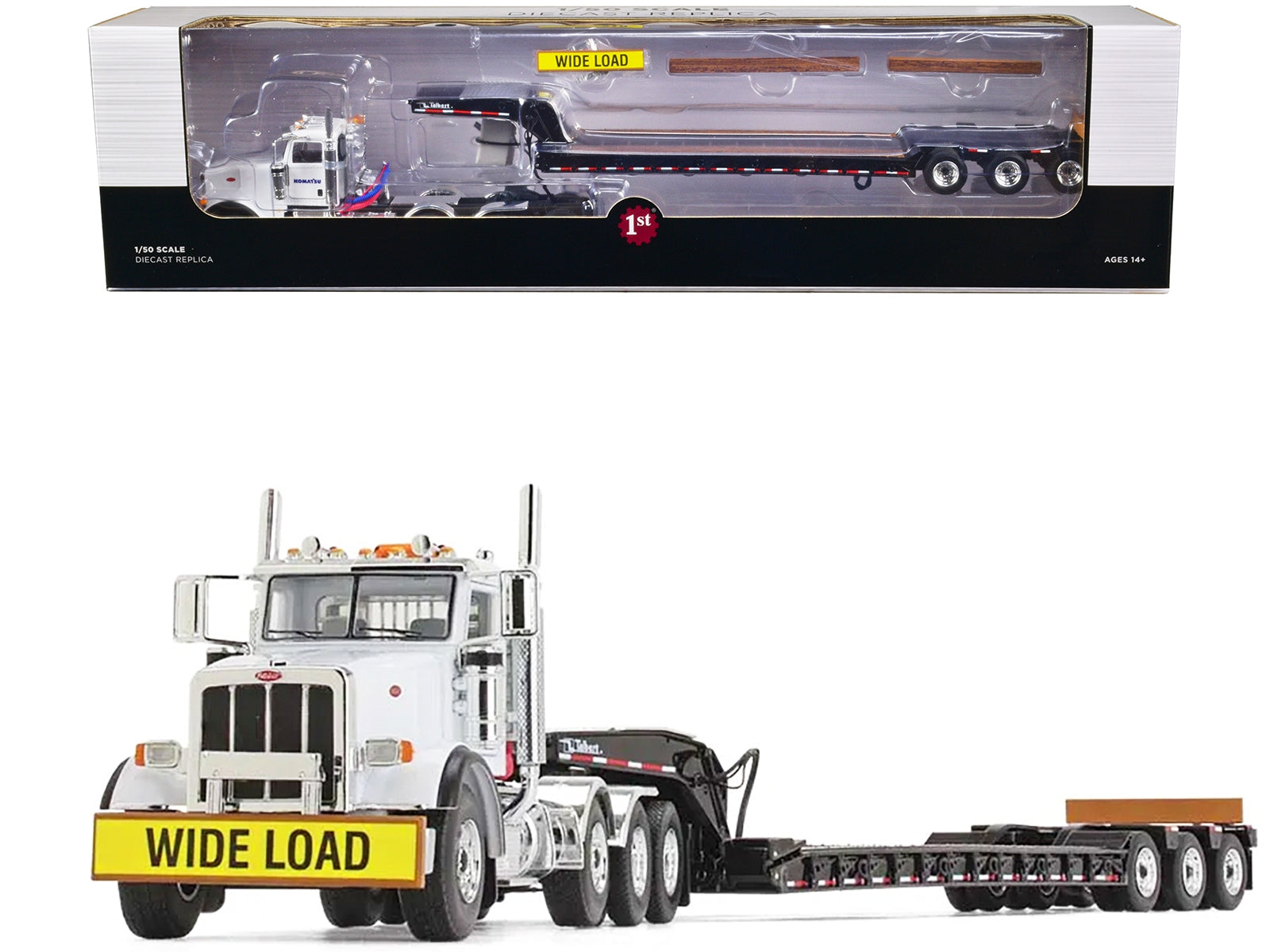 Peterbilt 367 Day Cab White "Komatsu" and Talbert 55SA Tri-Axle Lowboy Trailer Black 1/50 Diecast Model by First Gear - Premium Peterbilt Models from First Gear - Just $173.70! Shop now at Rapidvehicles