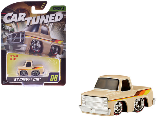 1987 Chevrolet C10 Pickup Truck Beige with Stripes "Customs" Series 3 Diecast Model Car by CarTuned