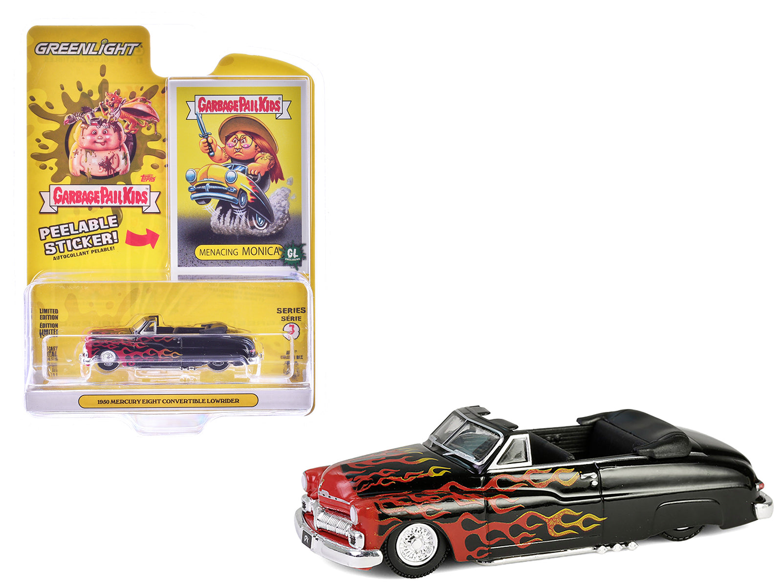 1950 Mercury Eight Convertible Lowrider Black with Flames "Menacing Monica" "Garbage Pail Kids" Series 7 1/64 Diecast Model Car by Greenlight free shipping USA