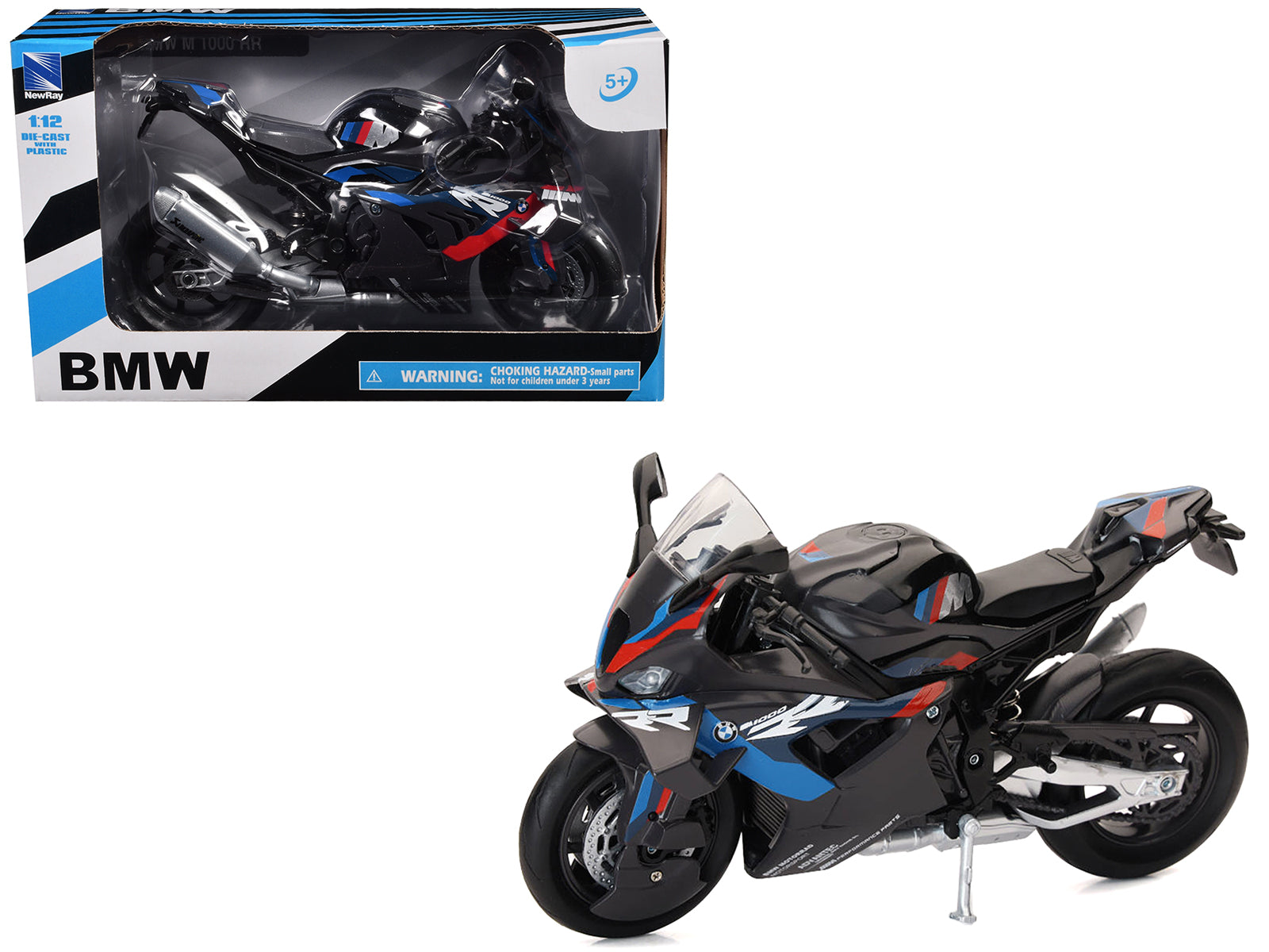 BMW M 1000 RR Motorcycle Black with Red and Blue Stripes 1/12 Diecast Model by New Ray free shipping USA