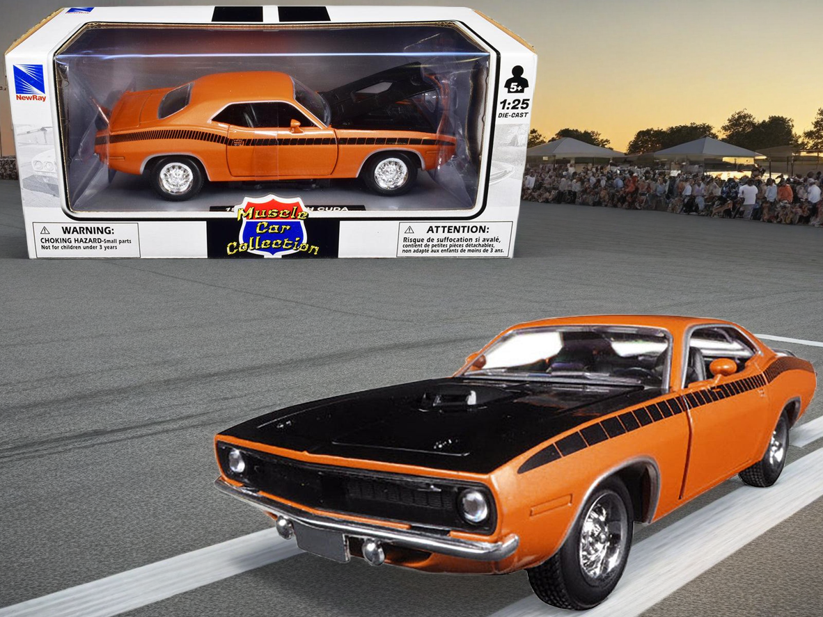 1970 Plymouth Cuda Orange with Black Hood and Stripes 1/25 Diecast Model Car by New Ray