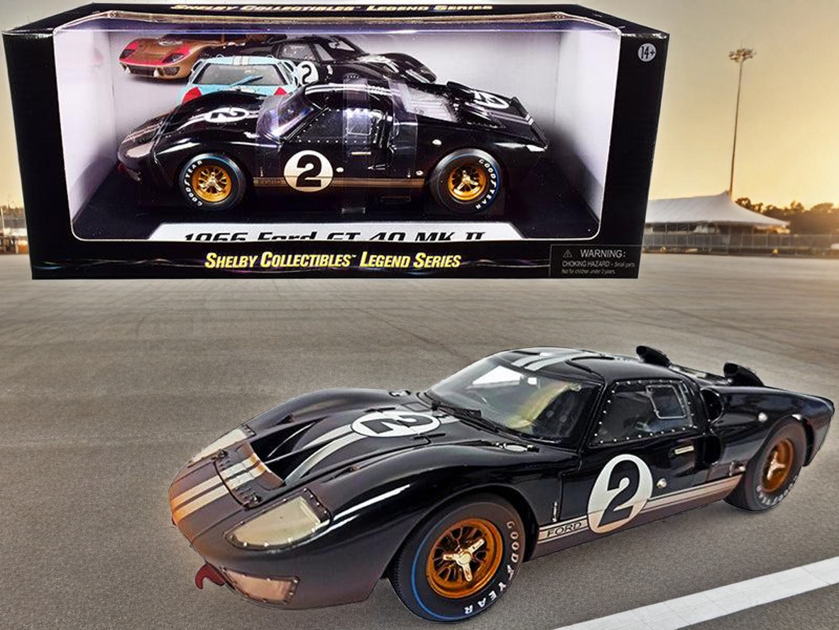 1966 Ford GT-40 MK II #2 Black with Silver Stripes After Race (Dirty Version) 1/18 Diecast Model Car by Shelby Collectibles