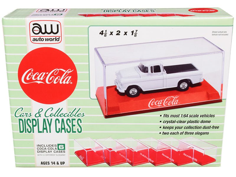 6 Collectible Acrylic Display Show Cases with Red Plastic Bases with 3 Different Slogans "Coca - Cola" for 1/64 Scale Model Cars by Auto World free shipping USA - Rapid Vehicles