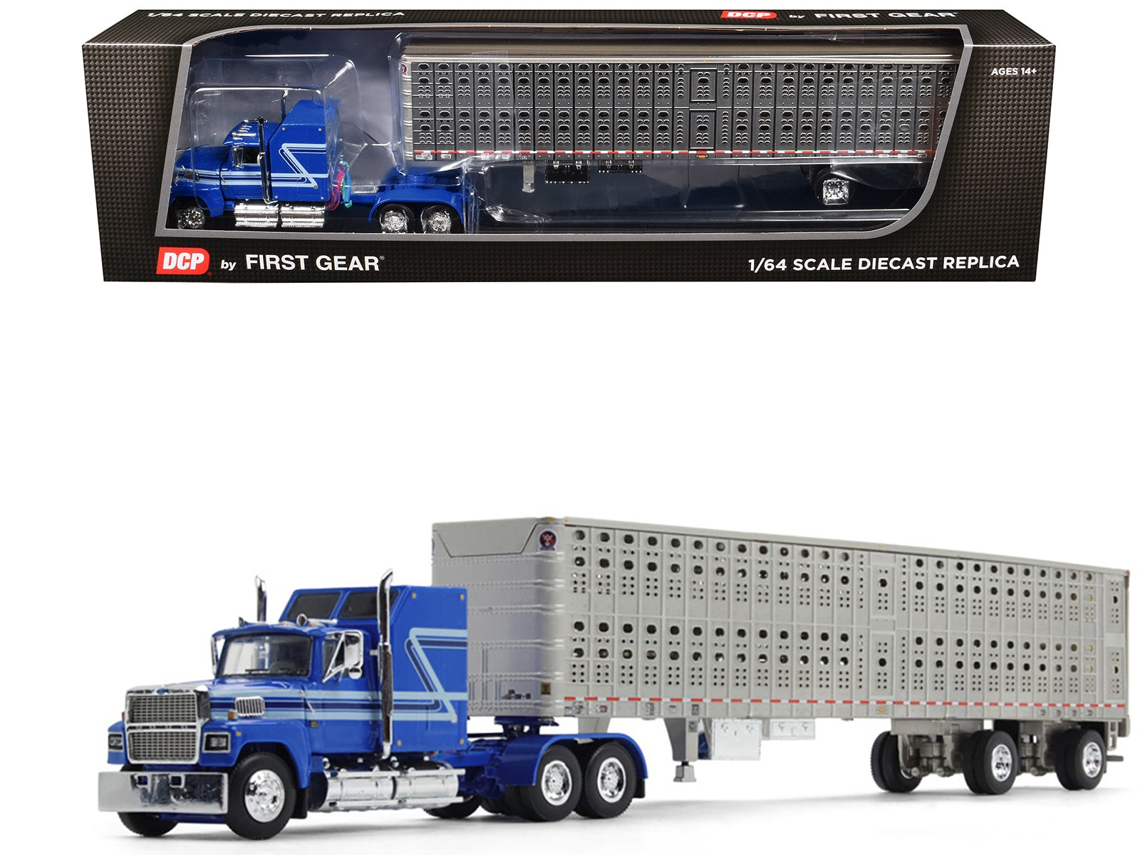 Ford LTL 9000 60" Aerodyne Sleeper with Wilson PSAL Stockmaster Livestock Trailer Blue with Stripes 1/64 Diecast Model by DCP/First Gear - Premium Ford Models from First Gear - Just $162.78! Shop now at Rapidvehicles