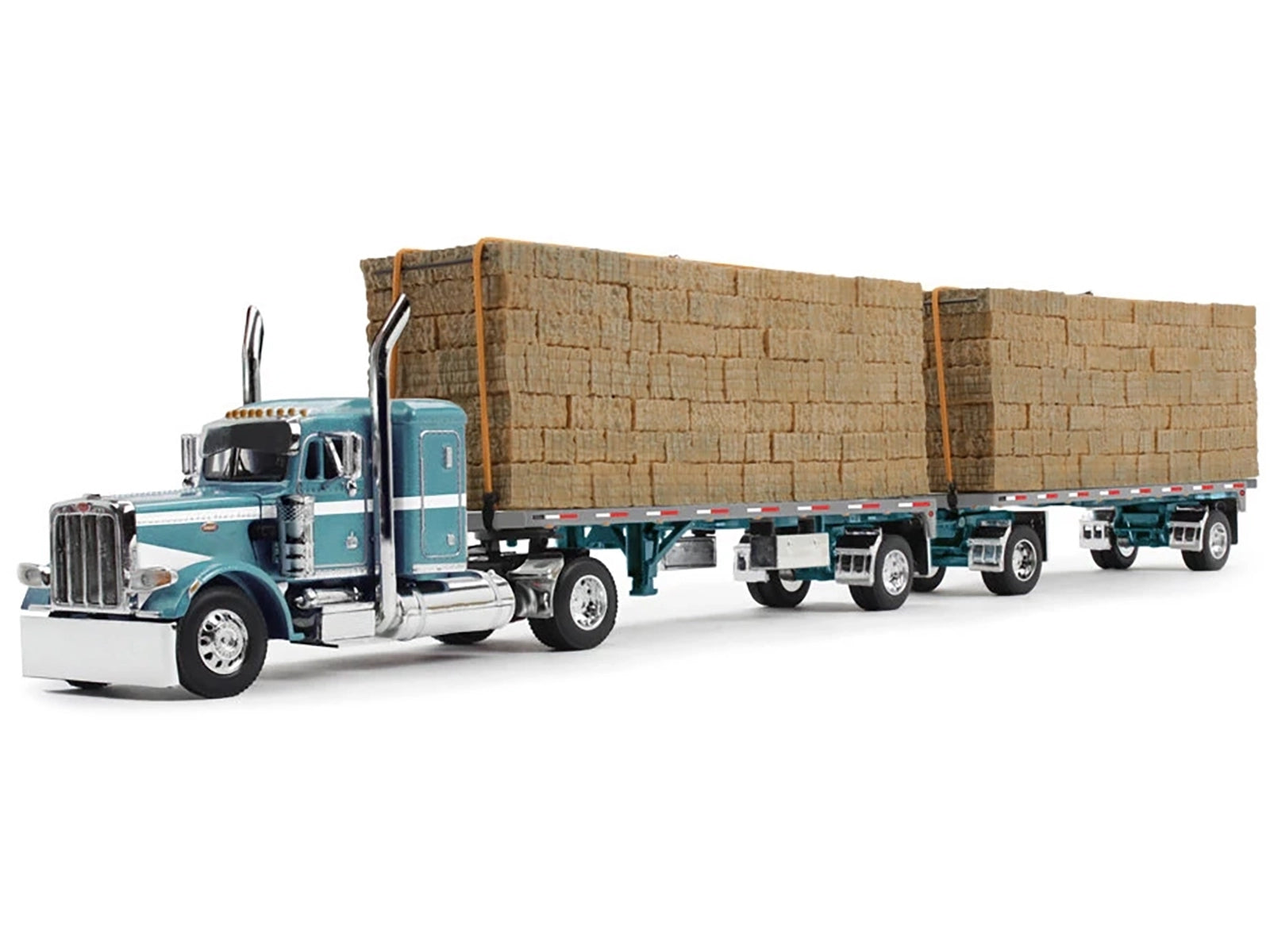 Peterbilt 389 36" Flat Top Sleeper with Utility Dual 28.5' Flatbed Trailers with Hay Loads Pacific Blue Metallic with White Stripes 1/64 Diecast Model by DCP/First Gear - Premium Peterbilt Models from First Gear - Just $192.74! Shop now at Rapidvehicles