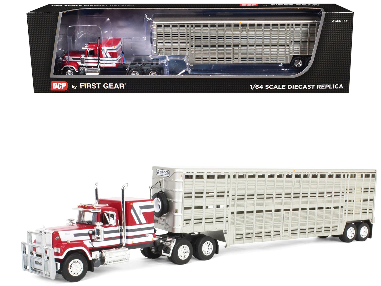 Mack Super-Liner with 60" Flat Top Sleeper and 45' Wilson Vintage Livestock Trailer Red with White and Gray Stripes 1/64 Diecast Model by DCP/First Gear free shipping USA