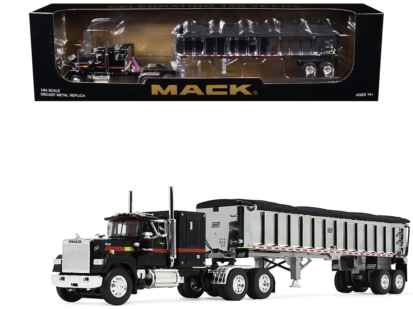 Mack Super-Liner with 60" Flat Top Sleeper and East End Dump Trailer Black 1/64 Diecast Model by DCP/First Gear