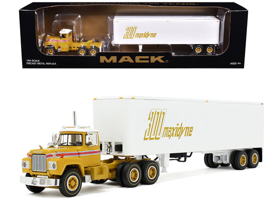 Mack R-Model Day Cab and 40' Vintage Trailer Yellow with Red Stripes and White Top "Mack Anniversary" 1/64 Diecast Model by DCP/First Gear free shipping USA