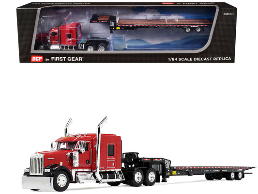 Kenworth W900L with 72" AeroCab Sleeper and Landoll 440B50CA Traveling Axle Trailer Viper Red and Black 1/64 Diecast Model by DCP/First Gear