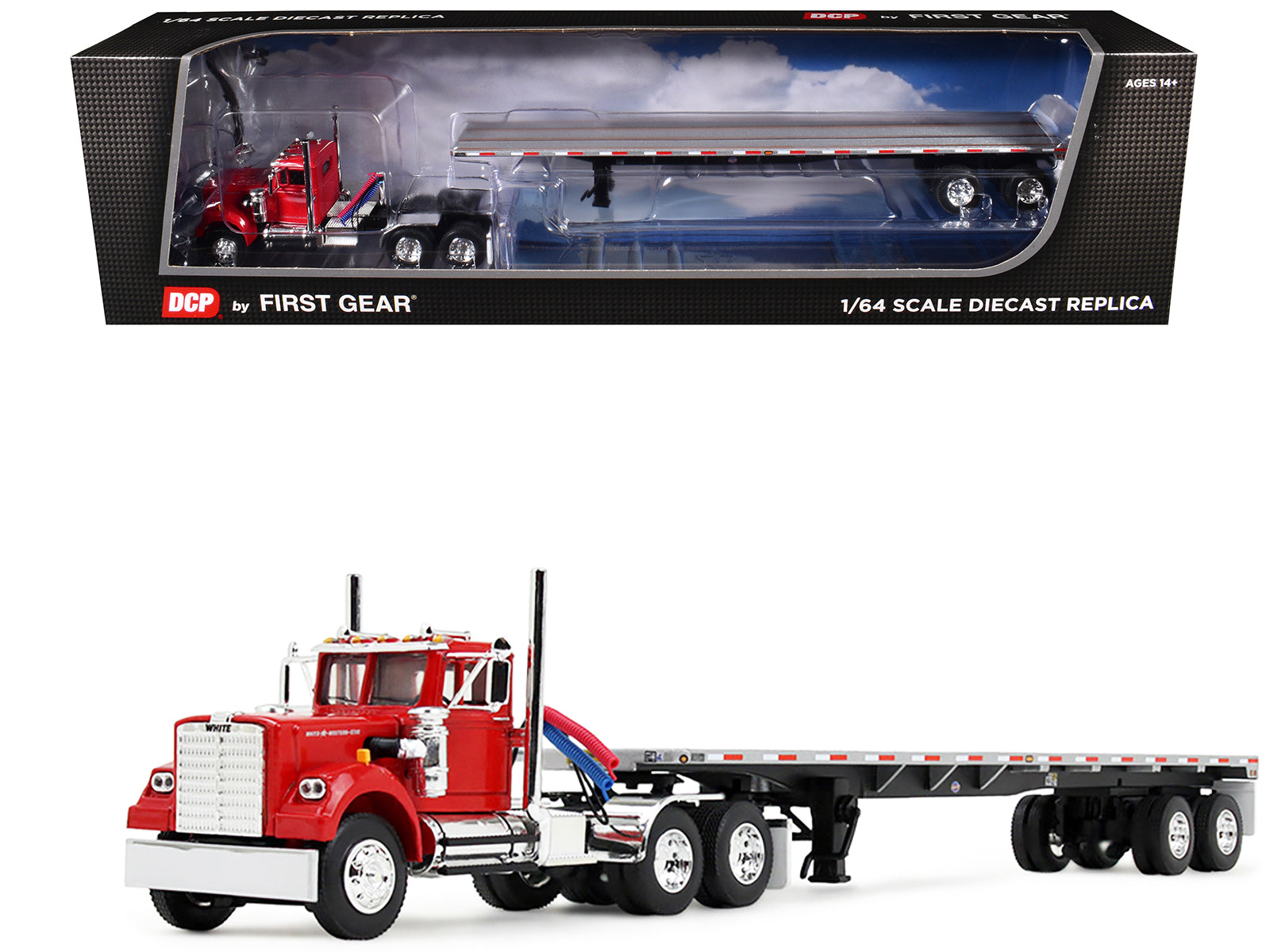 White Western Star 4900 Day Cab with 48’ Utility Flatbed Trailer Viper Red 1/64 Diecast Model by DCP/First Gear free shipping USA