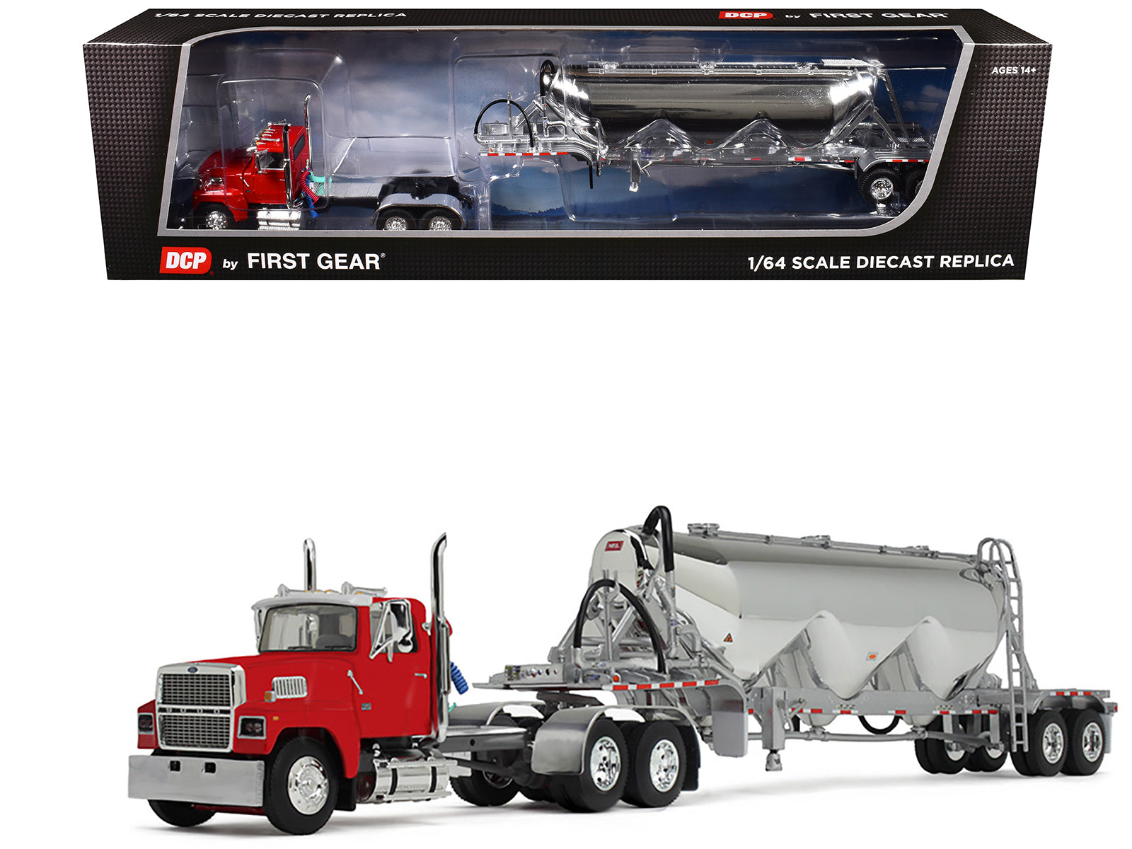 Ford LTL 9000 Day Cab with Heil Pneumatic Tank Trailer Heil Red 1/64 Diecast Model by DCP/First Gear free shipping USA