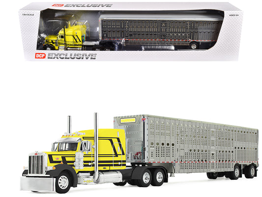 Peterbilt 379 with 63" Mid-Roof Sleeper and Wilson Silverstar Livestock Trailer "Harrison Trucking" Yellow with Black Stripes 1/64 Diecast Model by DCP/First Gear