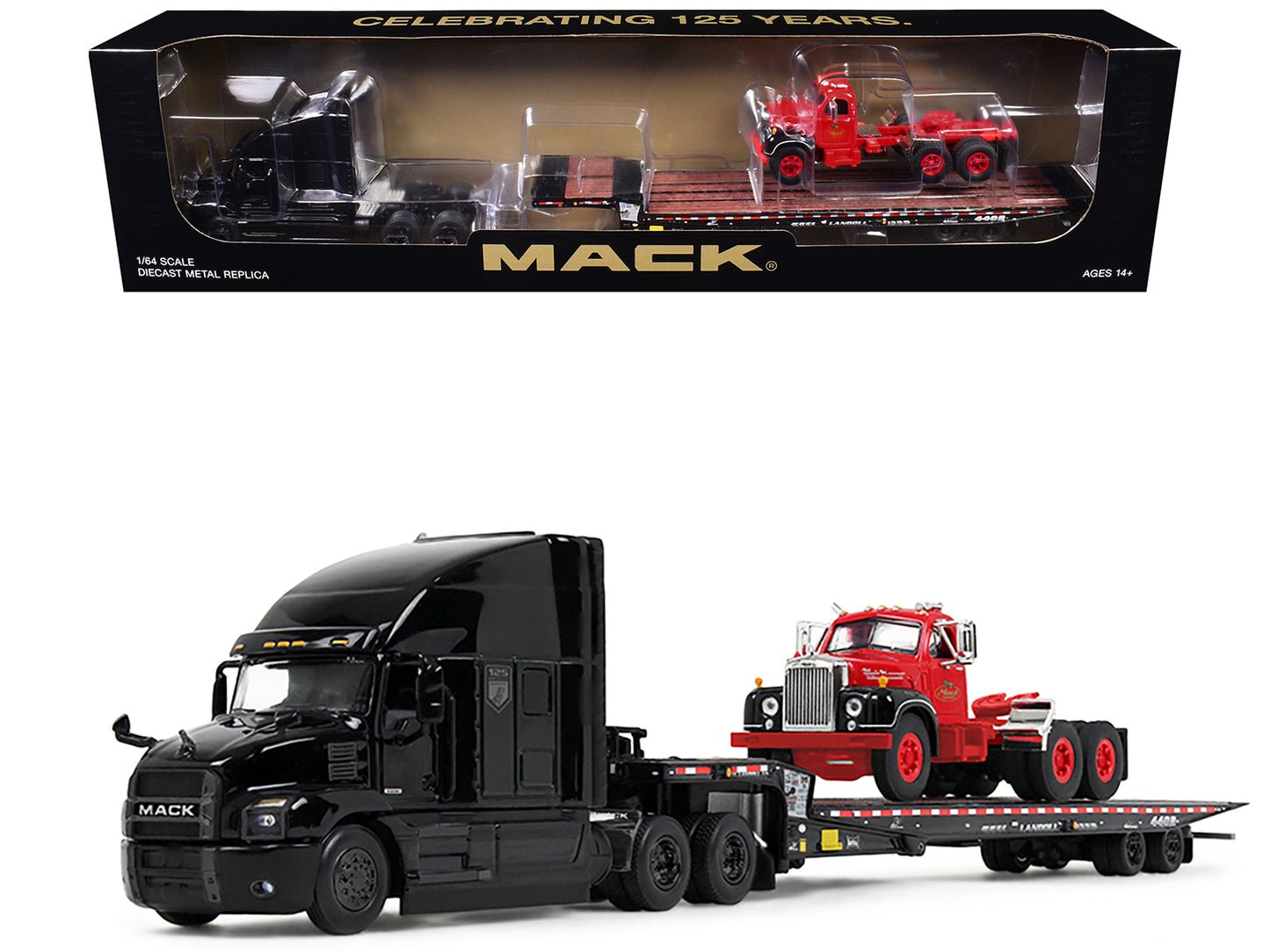 Mack Anthem Sleeper and Landoll 440B-50CA Traveling Axle Trailer Black with Mack B-61 Day Cab Load Red "Mack Anniversary" 1/64 Diecast Model by DCP/First Gear