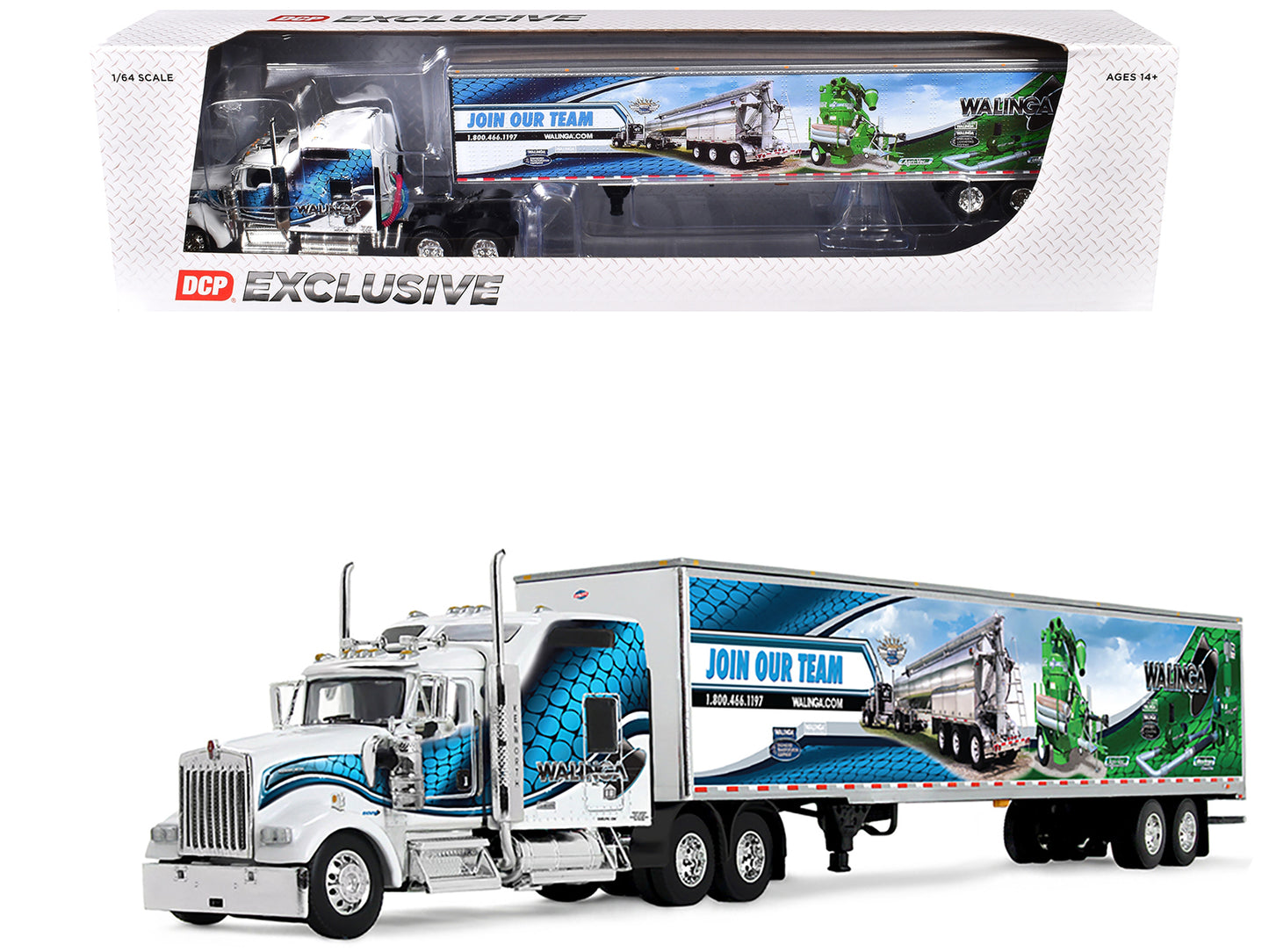 Kenworth W900L with 86" Studio Sleeper and 53' Utility Trailer with Skirts "Walinga" White with Blue Graphics 1/64 Diecast Model by DCP/First Gear