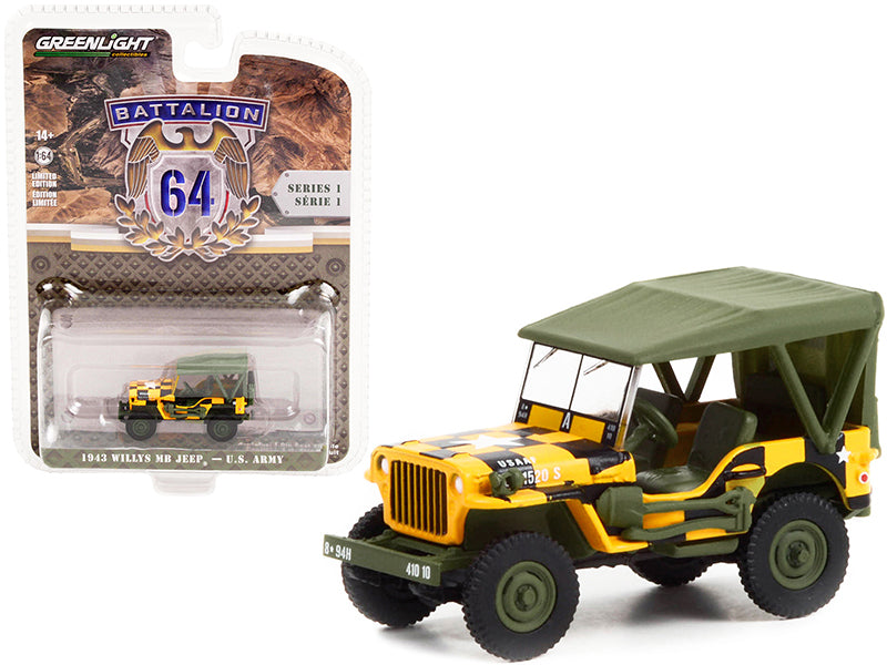 1943 Willys MB Jeep Yellow and Black with Green Top "Follow Me" U.S. Army "Battalion 64" Release 1 1/64 Diecast Model Car by Greenlight free shipping USA