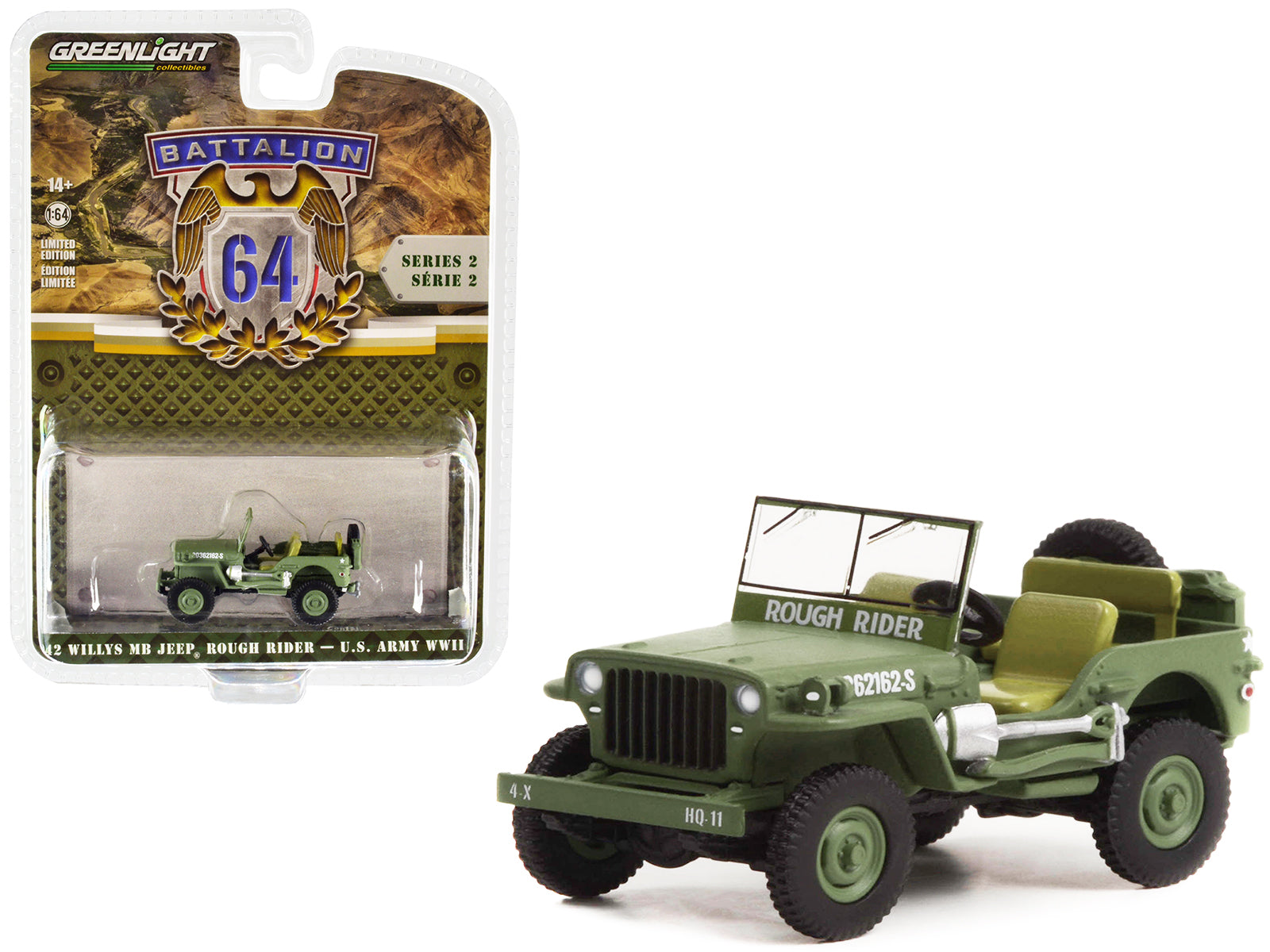 1942 Willys MB Jeep #20362162-S Green "U.S. Army World War II - Rough Rider" "Battalion 64" Release 2 1/64 Diecast Model Car by Greenlight free shipping USA