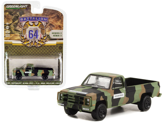 1985 Chevrolet M1008 CUCV Pickup Truck Camouflage "U.S. Army Military Police" "Battalion 64" Release 2 1/64 Diecast Model Car by Greenlight free shipping USA