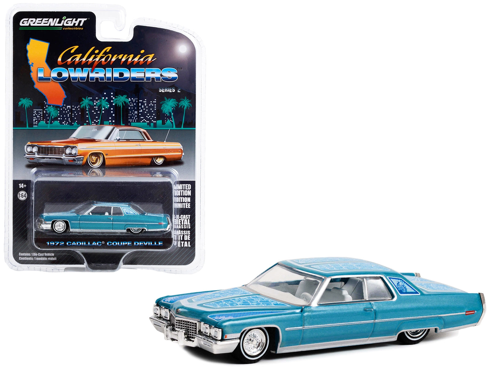 1972 Cadillac Coupe DeVille Custom Light Blue Metallic with White Interior and Graphics "California Lowriders" Series 2 1/64 Diecast Model Car by Greenlight - Premium Cadillac Models from Greenlight - Just $23.45! Shop now at Rapidvehicles