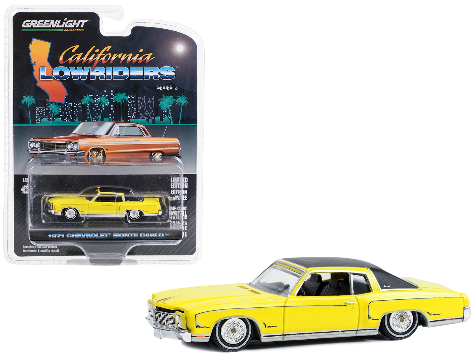 1971 Chevrolet Monte Carlo Lowrider Sunflower Yellow with Black Top "California Lowriders" Series 3 1/64 Diecast Model Car by Greenlight - Premium Chevrolet Models from Greenlight - Just $23.45! Shop now at Rapidvehicles