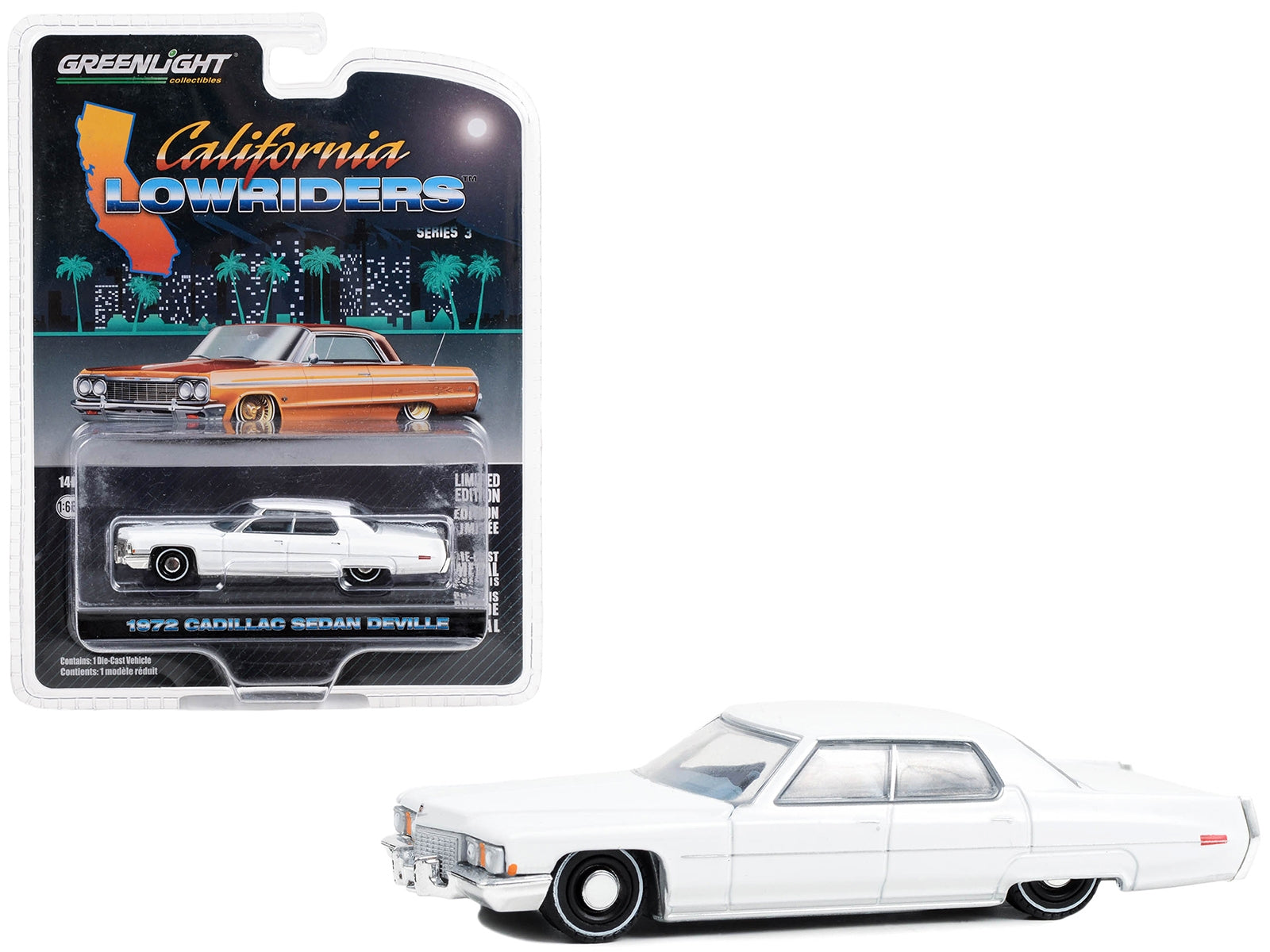 1972 Cadillac Sedan deVille Lowrider Cotillion White with Blue Interior "California Lowriders" Series 3 1/64 Diecast Model Car by Greenlight - Premium Cadillac Models from Greenlight - Just $17.56! Shop now at Rapidvehicles