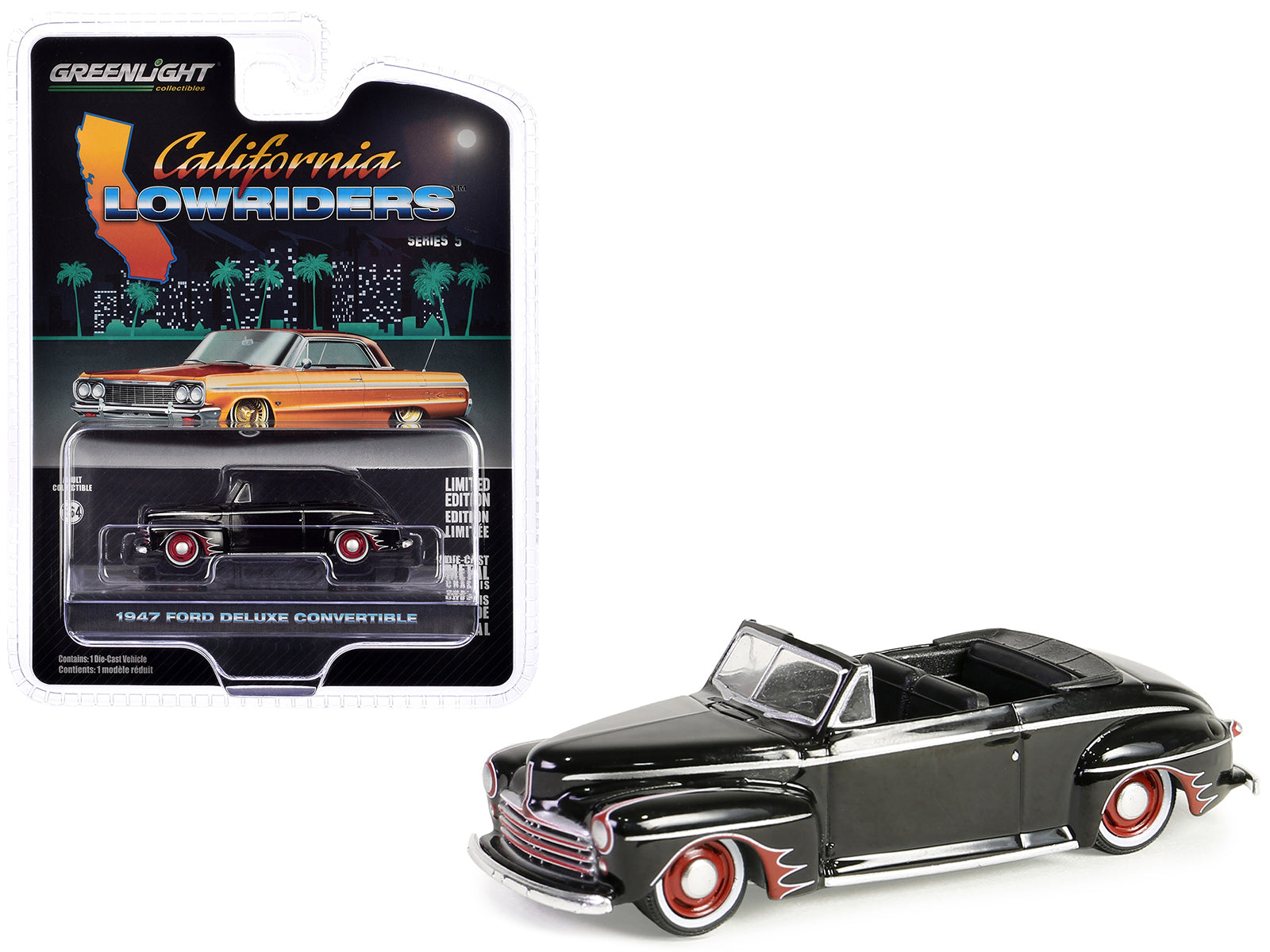 1947 Ford Deluxe Convertible Lowrider Black wit h Red Graphics "California Lowriders" Series 5 1/64 Diecast Model Car by Greenlight free shipping USA