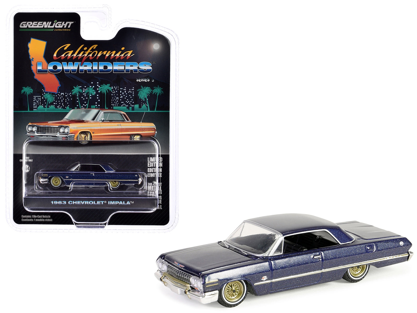 1963 Chevrolet Impala Lowrider Dark Blue Metallic with Gold Wheels "California Lowriders" Series 5 1/64 Diecast Model Car by Greenlight - Premium Chevrolet Models from Greenlight - Just $23.45! Shop now at Rapidvehicles