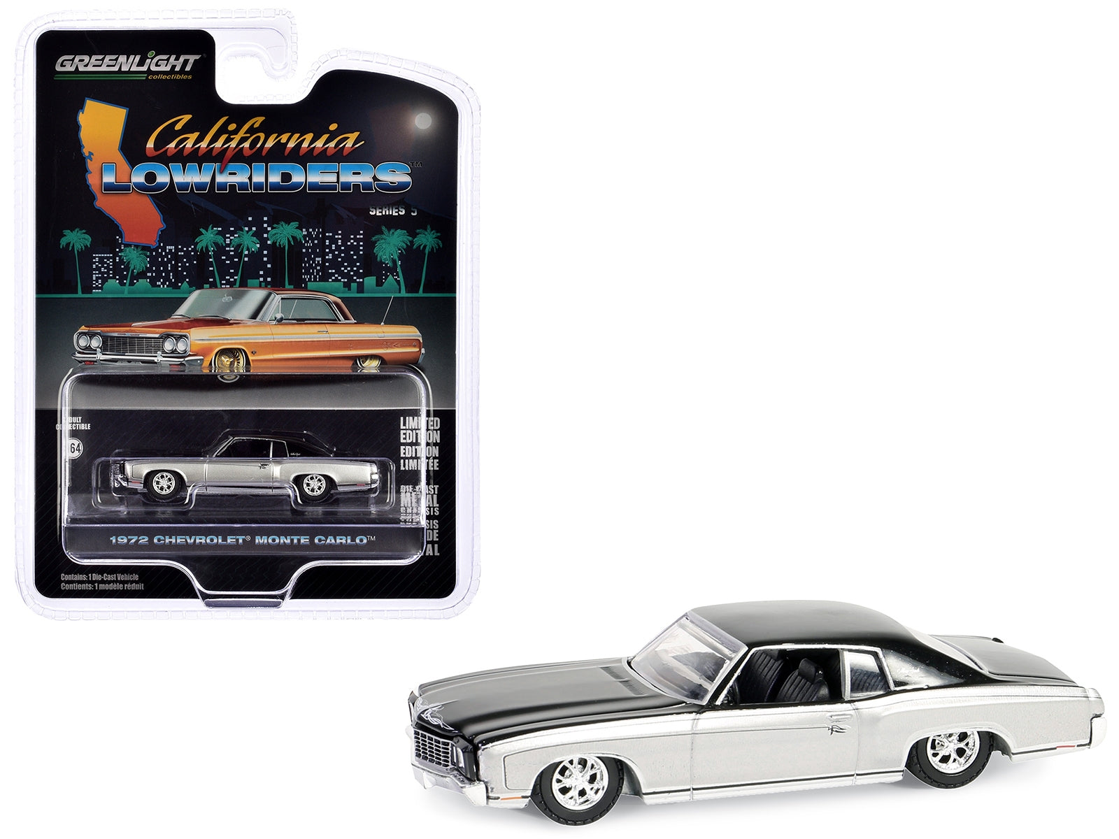 1972 Chevrolet Monte Carlo Lowrider Silver Metallic and Black "California Lowriders" Series 5 1/64 Diecast Model Car by Greenlight - Premium Chevrolet Models from Greenlight - Just $23.45! Shop now at Rapidvehicles