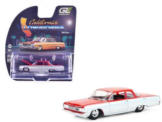 1964 Chevrolet Biscayne Lowrider Silver Metallic and Red Two-Tone "California Lowriders" Series 7 1/64 Diecast Model Car by Greenlight