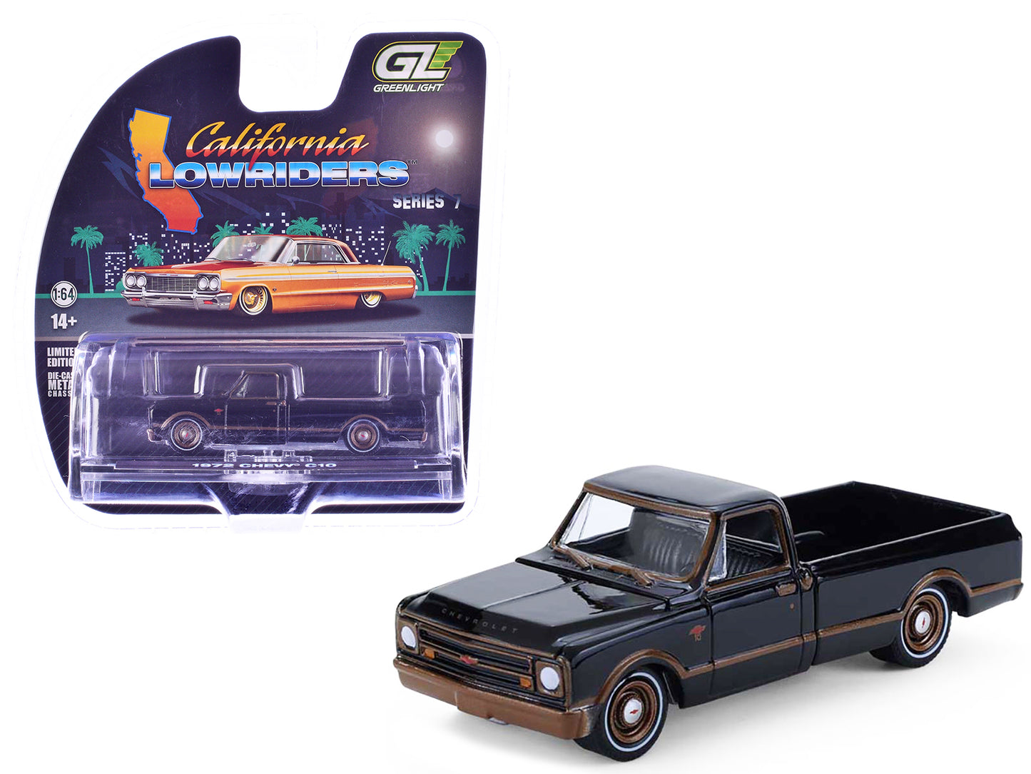 1972 Chevrolet C10 Pickup Truck Lowrider Black with Bronze Stripes "California Lowriders" Series 7 1/64 Diecast Model Car by Greenlight