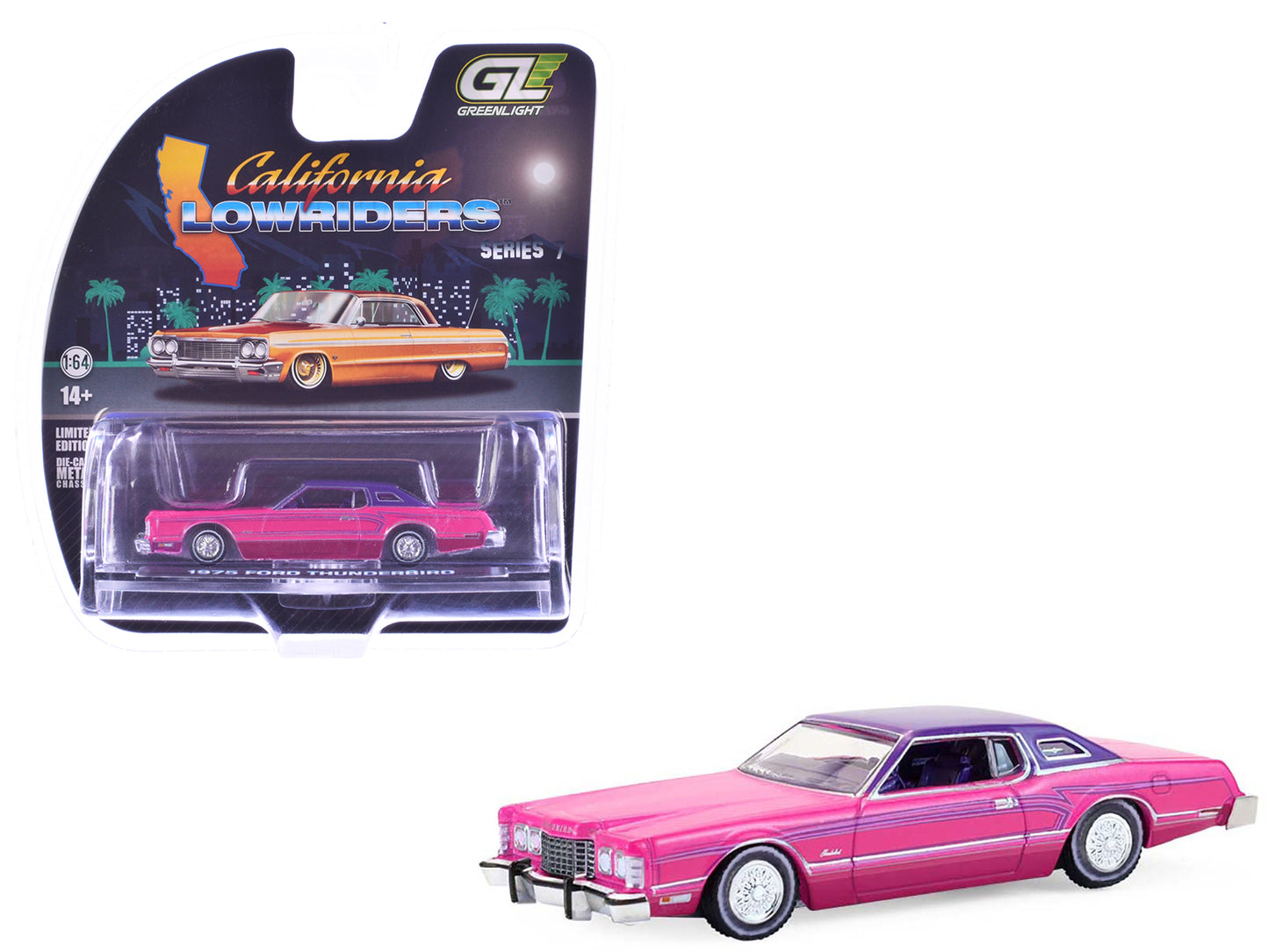 1975 Ford Thunderbird Lowrider Pink Metallic with Purple Top and Graphics with Purple Interior "California Lowriders" Series 7 1/64 Diecast Model Car by Greenlight - Use code SHOPAPP15 to get 15 percent off