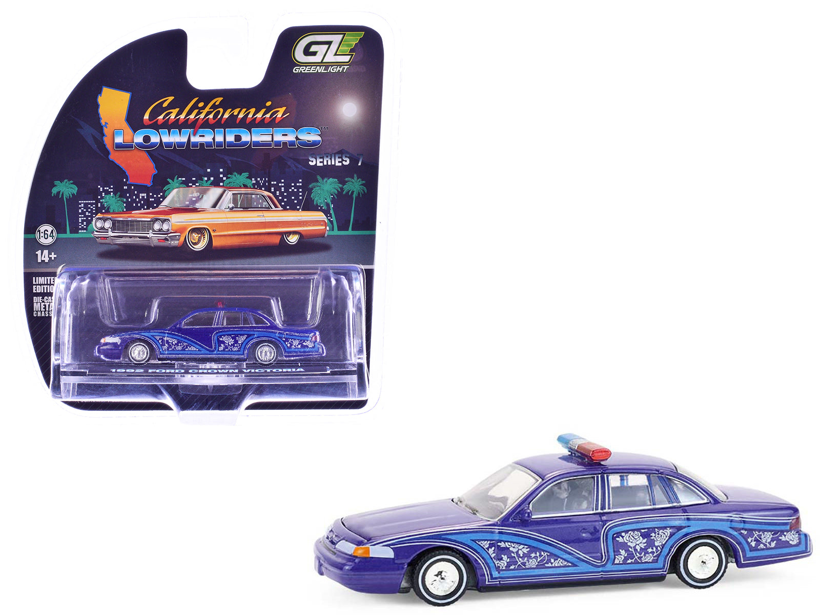 1992 Ford Crown Victoria Lowrider Blue with Graphics and Lightbar "California Lowriders" Series 7 1/64 Diecast Model Car by Greenlight free shipping USA
