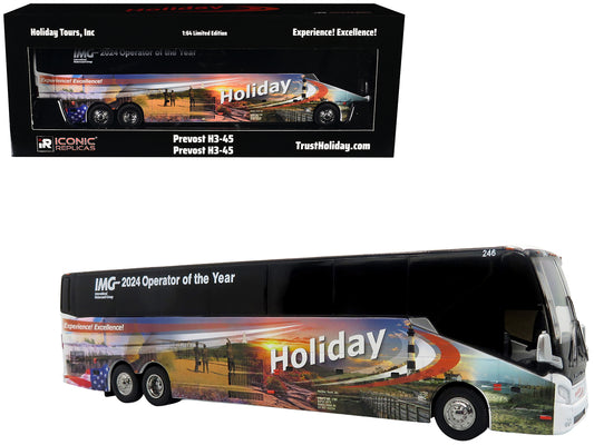 Prevost H3-45 Coach Bus "Holiday Tours - 2024 IMG Operator of the Year" White with Graphics Limited Edition 1/64 Diecast Model by Iconic Replicas free shipping USA