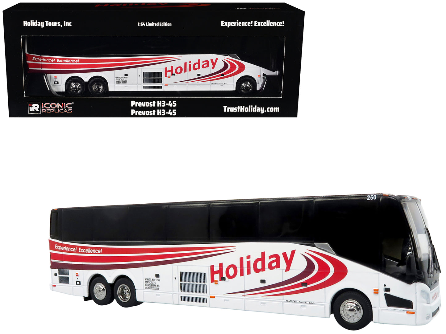 Prevost H3-45 Coach Bus "Holiday Tours" White with Red Graphics Limited Edition 1/64 Diecast Model by Iconic Replicas