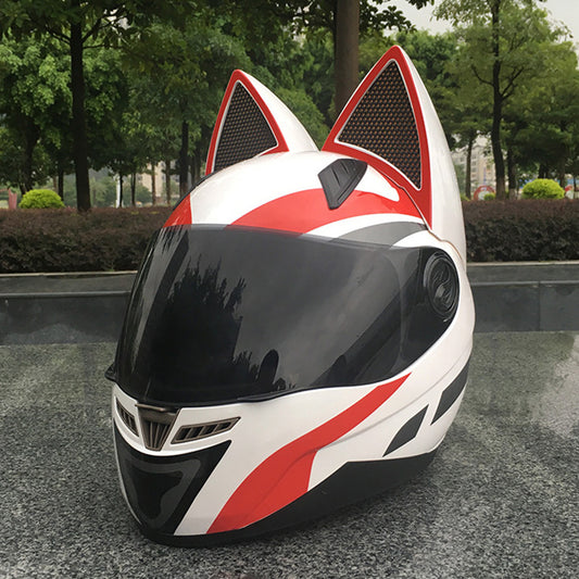 Color: White and red, Size: L - Motorcycle helmet with cat ears - Premium Helmet Headset from Rapidvehicles - Just $242.99! Shop now at Rapidvehicles