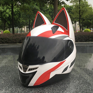 Color: White and red, Size: XXL - Motorcycle helmet with cat ears automobile race antifog full face helmet personality design with horn capacete casco - Premium Helmet Headset from Rapidvehicles - Just $203.08! Shop now at Rapidvehicles