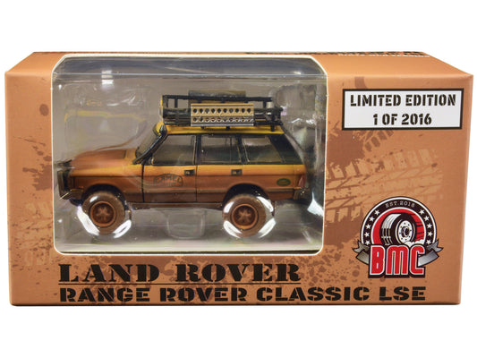 Land Rover Range Rover Classic LSE RHD (Right Hand Drive) "Camel Trophy" Yellow (Dirty Mud Version) with Roof Rack Extra Wheels and Accessories Limited Edition to 2016 pieces Worldwide 1/64 Diecast Model Car by BM Creations free shipping USA