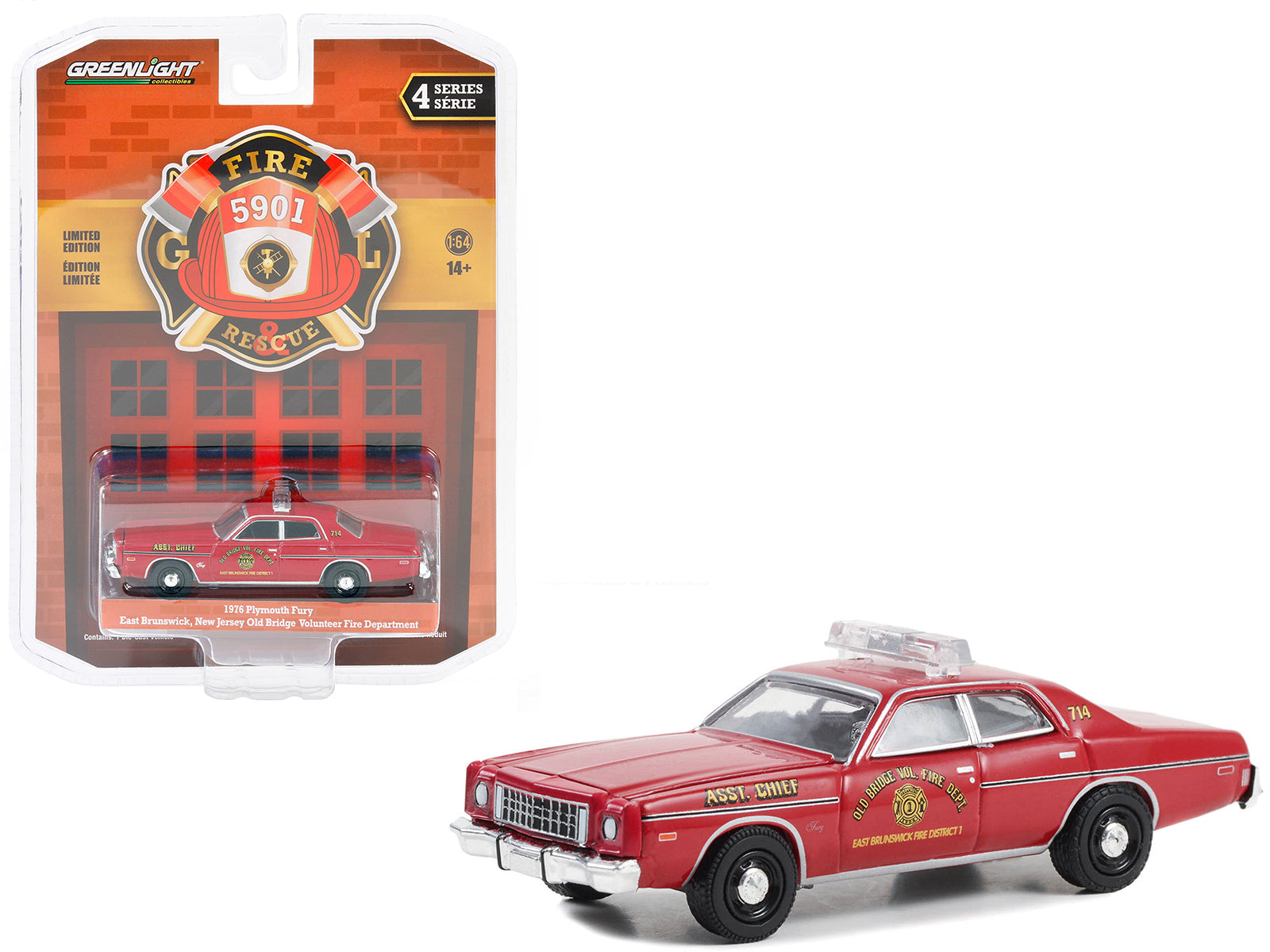 1976 Plymouth Fury Red "Old Bridge Volunteer Fire Department East Brunswick New Jersey Fire District 1 Asst. Chief" "Fire & Rescue" Series 4 1/64 Diecast Model Car by Greenlight free shipping USA