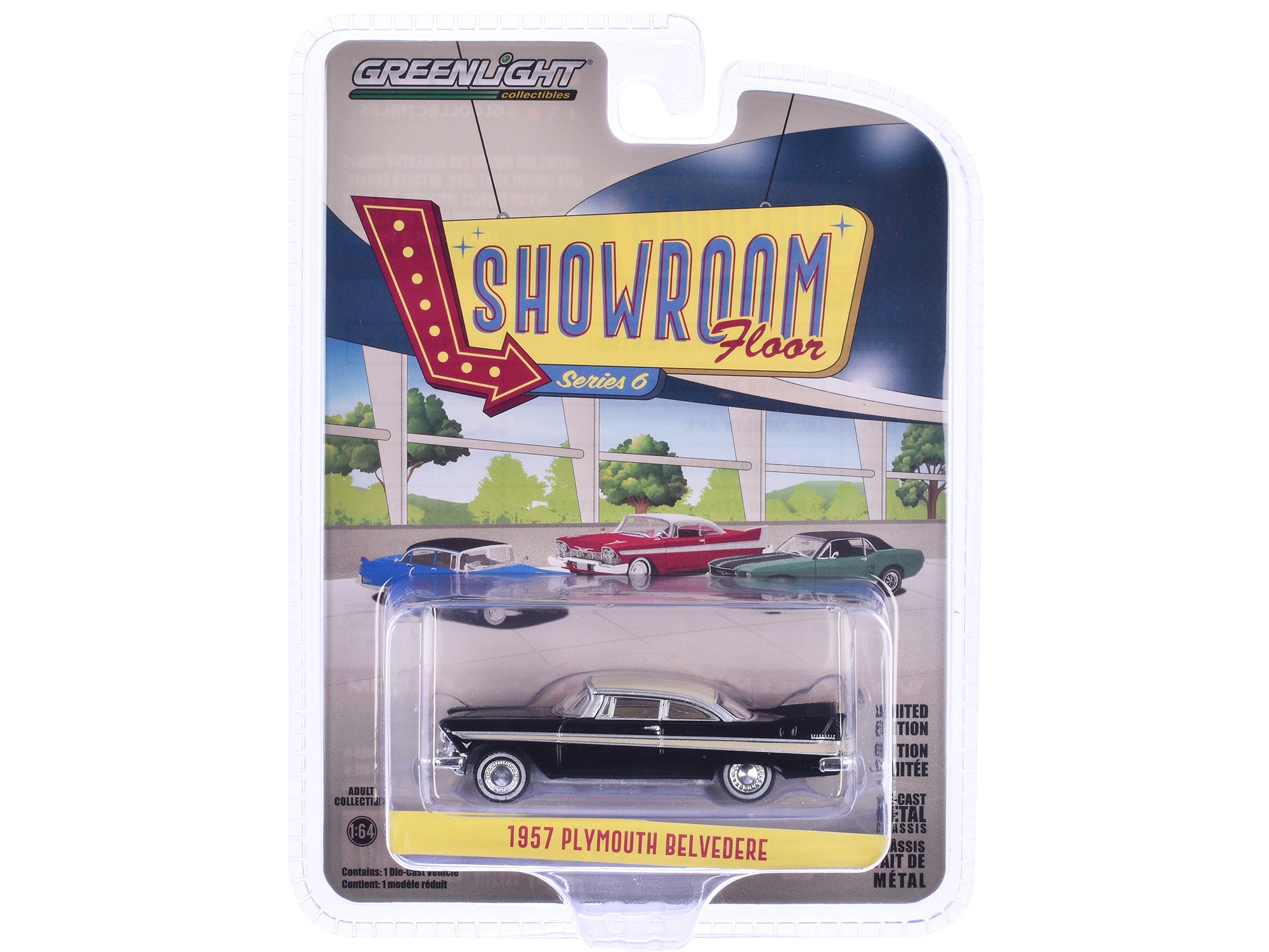 1957 Plymouth Belvedere Jet Black with Sand Dune White Top and Stripes "Showroom Floor" Series 6 1/64 Diecast Model Car by Greenlight free shipping USA