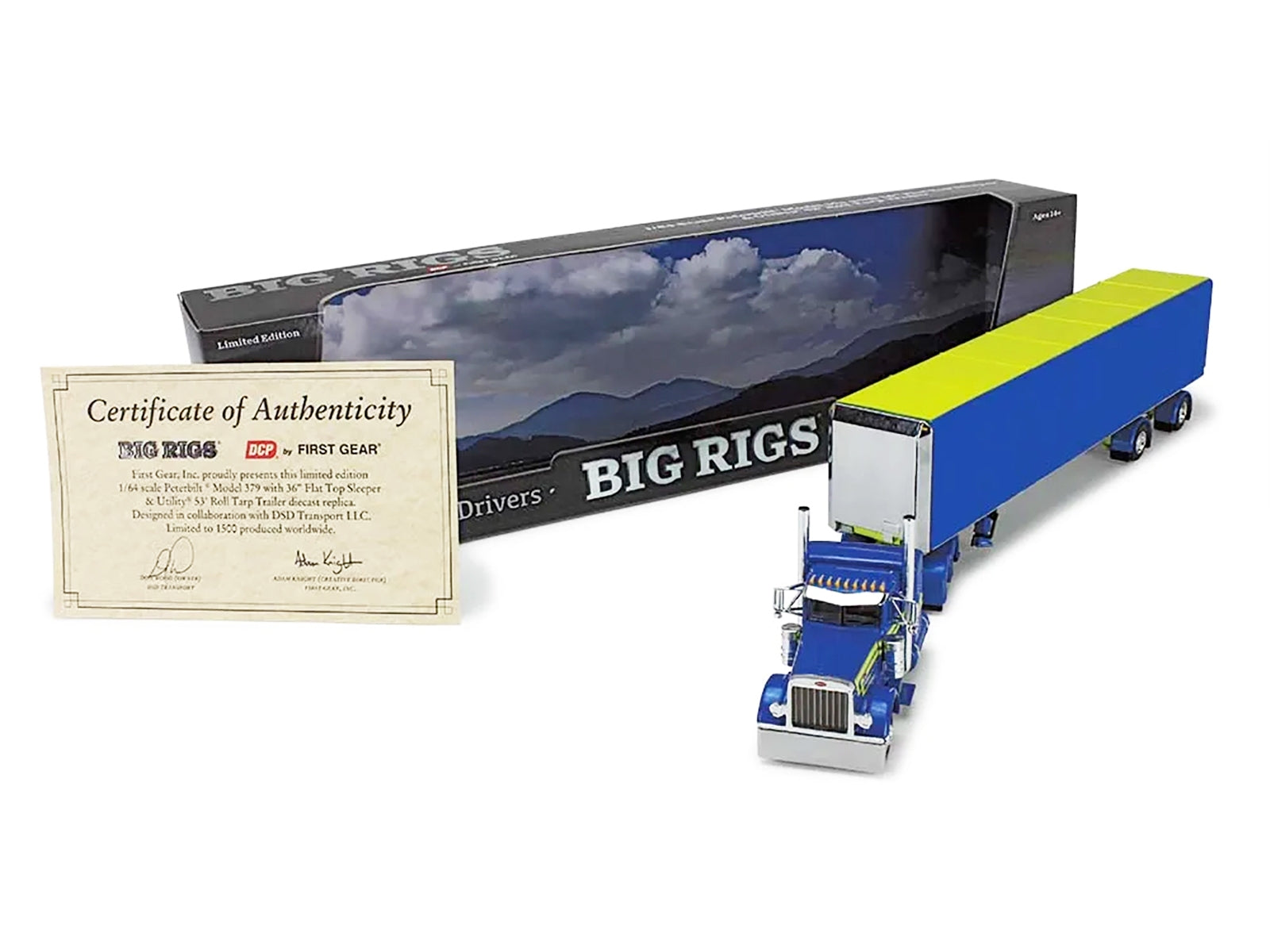 Peterbilt 379 with 36" Flat Top Sleeper and 53' Utility Roll Tarp Trailer "DSD Transport" Blue and Yellow "Big Rigs" Series 1/64 Diecast Model by DCP/First Gear - Premium Peterbilt Models from First Gear - Just $197.67! Shop now at Rapidvehicles