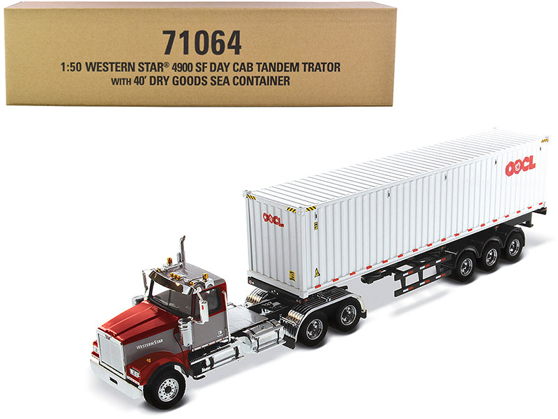 Western Star 4900 SF Tandem Day Cab Truck Tractor Red and Gray with 40' Dry Goods Sea Container "OOCL" White "Transport Series" 1/50 Diecast Model by Diecast Masters  free shipping USA
